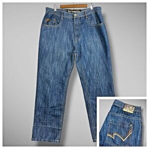 5ive Jungle Baggy Jeans Mens 40x33 Dark Wash‎ Whiskered Embroidered Y2K Skater